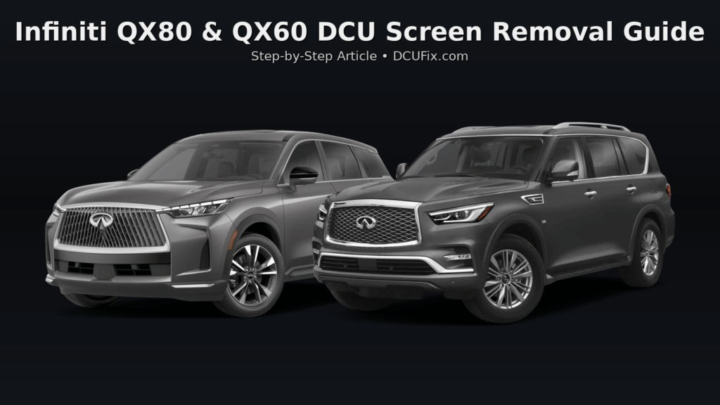 Side-by-side image of Infiniti QX80 and QX60 with article title overlay about DCU screen removal